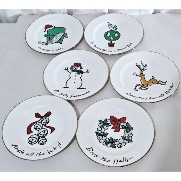 Holiday Snack Dessert Plates 7.5" reindeer partridge wreath bells 6pc Christmas - Picture 9 of 12